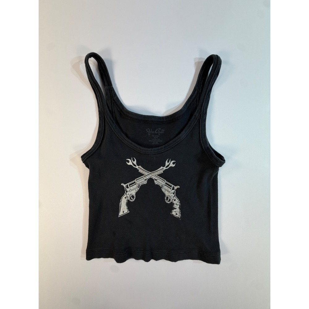 John Galt Brandy Melville Ribbed Tank Top Black Revolver Wrench Graphic Crop M/L